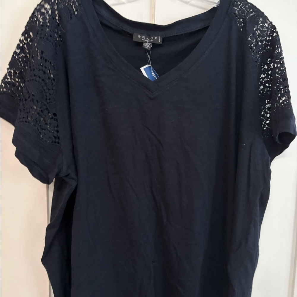 Grace Navy Lace Sleeve Tee